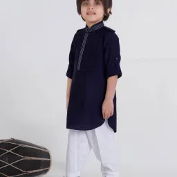 Ministitch Boys Navy Blue Cotton Silk Kurta Set image 3