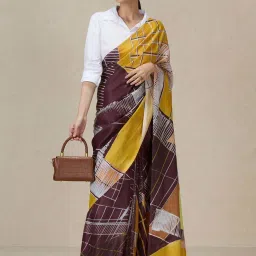 navyasa by liva Maroon & Yellow Printed Saree With Unstitched Blouse image 3