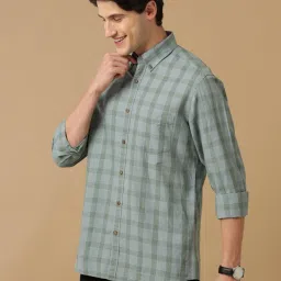 CAVALLO by Linen Club Green Contemporary Fit Check Shirt image 3