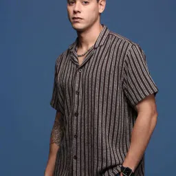 showoffff Showoff Brown Cotton Relaxed Fit Striped Shirt image 3