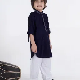 Ministitch Boys Navy Blue Cotton Silk Kurta Set image 5