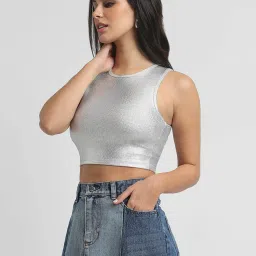 Forever 21 Silver Self Design Crop Top image 3