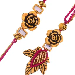 Aapno Rajasthan Beautiful Gold Rose & Leaf Bhaiya Bhabhi Rakhi Set image 3