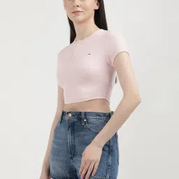TOMMY HILFIGER Light Pink Slim Fit Crop T-Shirt image 3