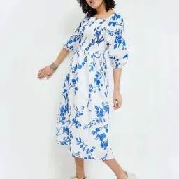 Colour Me by Melange White Cotton Printed A-Line Dress image 3