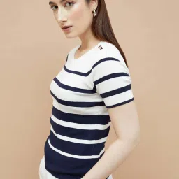 Code By Lifestyle Off White Regular Fit Striped T-Shirt image 3