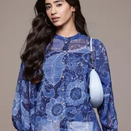 Aarke Ritu Kumar Blue Floral Shirt with Camisole-image-88