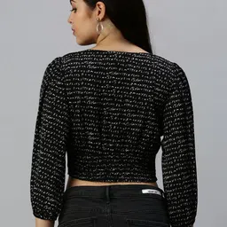 SHOWOFFFF Print Puff Sleeve Crepe Cinched Waist Crop Top image 4