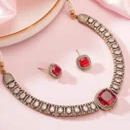 Saraf RS Jewellery Red Statement AD Zircon Studded Minimal Kundan Necklace & Earring Set image 2