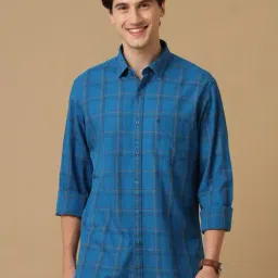 CAVALLO by Linen Club Blue Contemporary Fit Check Shirt-image-95