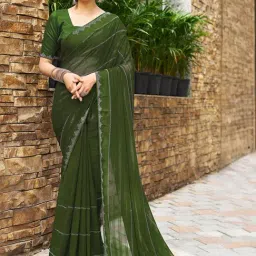 Satrani Mehendi Green Striped Saree With Unstitched Blouse-image-12