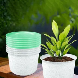 Kuber Industries White & Green 10 Pieces Textured Flower Pot With Plate image 1