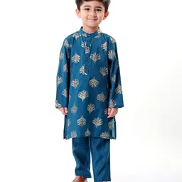 Babyhug Woven Full Sleeves FoilPrinted Kurta Pyjama Set - Teal-picture-13