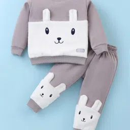 Little Darlings Fleece Knit Full Sleeves Winter Wear Suit With Animal Applique - Grey-picture-27