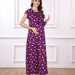 Bella Mama Cotton Knit Half Sleeves Bunny Printed Maternity Nursing Nighty - Purple-image-90