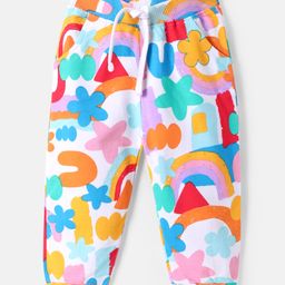 Babyhug Terry Knit Full Length Lounge Pant With Floral & Shapes Print - White-picture-22