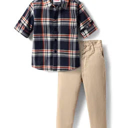 Babyhug Cotton Woven Full Sleeves Checks Shirt & Trouser Set - Navy Blue & Beige-image-13