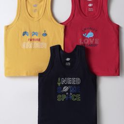 Zero Sinker Knit Sleeveless Set of Vests with Typography Print Pack of 3 - Red Yellow & Navy Blue-picture-25