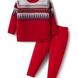 Babyhug Knit Full Sleeves Pullover Sweater Set with Stripes & Zig Zag Design - Red & White-picture-11