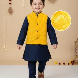 Babyhug Woven Full Sleeves Solid Kurta Payjama Set with Embroidered Jacket - Navy-picture-27
