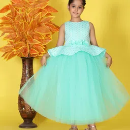 Toy Balloon Kids Net Woven Sleeveless Polka Dots Printed Floral Applique Detailed Gown - Sea Green-picture-14