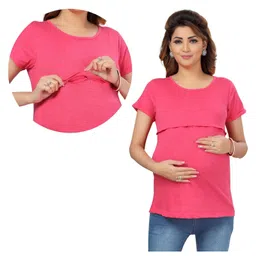 Mama & Bebe Cotton Blend Knit Half Sleeves Solid Maternity Tee WIth Horizontal Open Nursing Access - Coral-picture-26