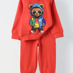 Spunkies Cotton Knit Full Sleeves Teddy Bear Printed Winter Sweatshirt & Joggers Set - Red-image-88