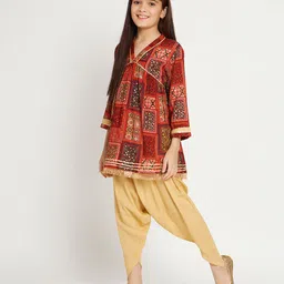 READIPRINT Full Sleeves Intricate Floral Block Design Printed Kurta And Harem Pants - Red image 5
