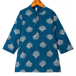 Babyhug Woven Full Sleeves FoilPrinted Kurta Pyjama Set - Teal image 4