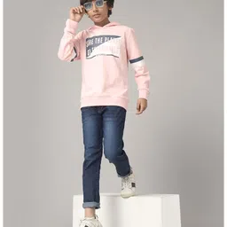 Under Fourteen Only Full Sleeves Save The Planet Text Printed Hooded Light Winter Sweatshirt - Peach image 5