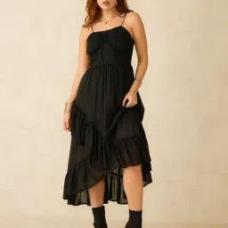 VIRGIO Black Flared Fit Solid Dress-picture-10