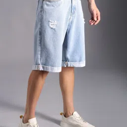 High Star Blue Cotton Regular Fit Distressed Denim Shorts image 3