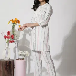 W White Striped Kurti Pant Set image 3