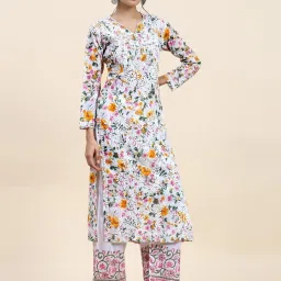 House Of Kari Samma Chikankari Long Kurta in Mul Cotton for Women - Yellow with Purple Flower image 3