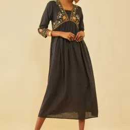 Soch Black Rayon Slub Floral Embroidered Empire Ethnic Dress-image-0