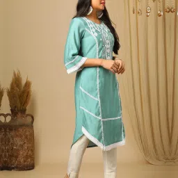 Globus Green & White Embroidered Kurta image 3
