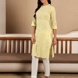 W Yellow Cotton Printed Straight Kurta image 3