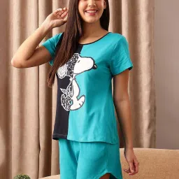 Clovia Blue Cotton Printed Top Shorts Set image 3