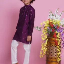 Little Bansi Boys Purple & White Self Design Full Sleeves Kurta with Pyjamas image 3