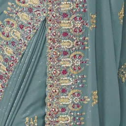 Odette Teal Georgette Embroidered Saree With Unstitched Blouse image 3