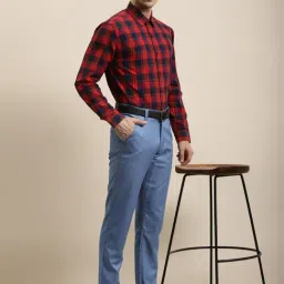 Sojanya Blue Cotton Regular Slim Fit Self Pattern Flat Front Trousers image 3