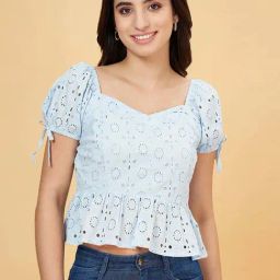 People by Pantaloons Crystal Blue Cotton Self Pattern Crop Top-picture-32