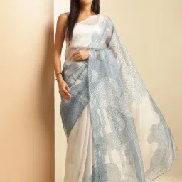 navyasa by liva Light Blue Printed Saree With Unstitched Blouse-picture-7