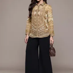 Aarke Ritu Kumar Brown Geometric Print Shirt with Camisole image 4