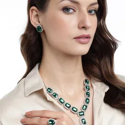 ORANGENYSHA Rhodium Plated Crystal AD Gemstone-Studded Jewelry Set With Ring image 2