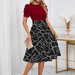 DHUNKI Print Puff Sleeve PU Coated A-Line Dress image 4