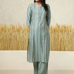 Soch Floral Printed Round Neck Mirror Work Straight Kurta With Trousers-picture-28