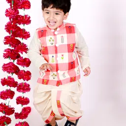 Little Bansi Full Sleeves Gold Strip Print Kurta With Flower And Checks Print Jacket And Dhoti - Cream-picture-12