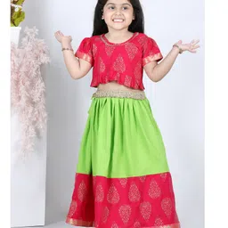 AJ Dezines Half Sleeves Swirl Designed Motif Foil Printed Colour Blocked Lehenga Choli - Pink-image-0