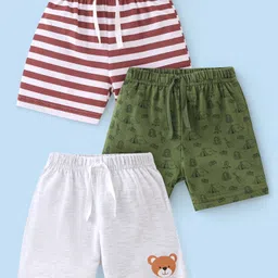 Babyhug Cotton Knit Striped and Bear Printed Shorts Pack of 3 - Green White and Brown-picture-21